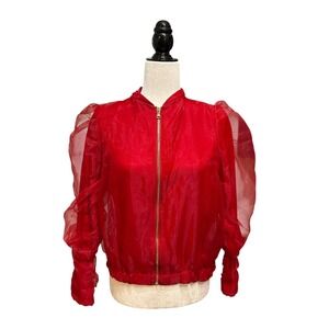 NWT Zara Red Bomber Jacket Sheer Puff Sleeve‎ Women's Size Small